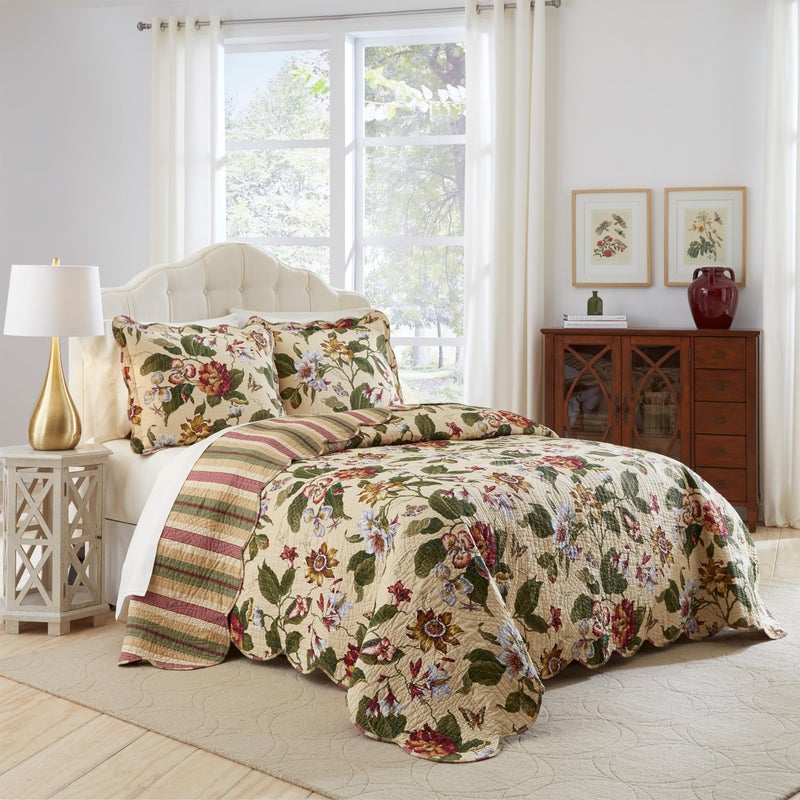Waverly Laurel Spring 3-Piece Quilt Set â€“ Full/Queen - 100% Cotton Lightweight Bedding in Parchment - Image 1